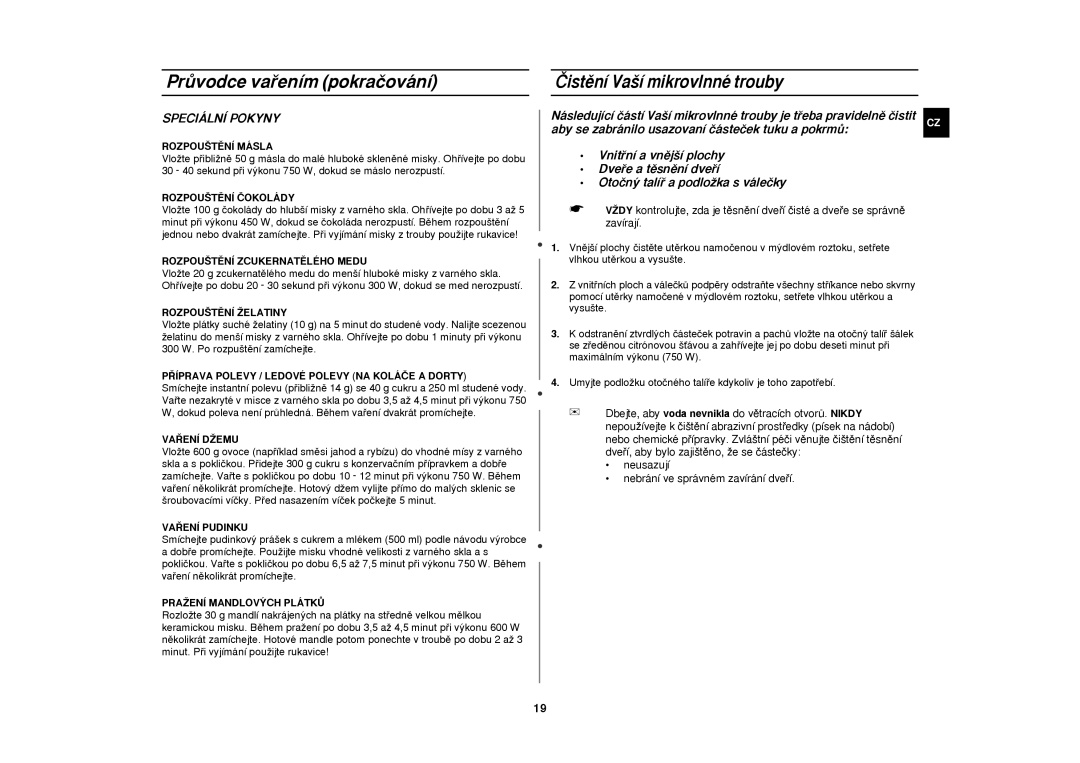 Samsung M1638N/LIB manual ‰istžn’ Vaä’ mikrovlnnŽ trouby, SPECIçLNê Pokyny 