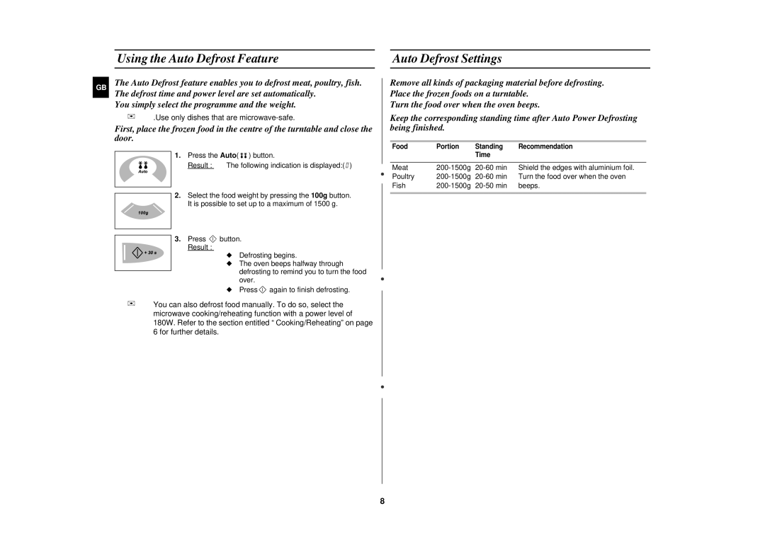 Samsung M1638N/SAM manual Using the Auto Defrost Feature Auto Defrost Settings 