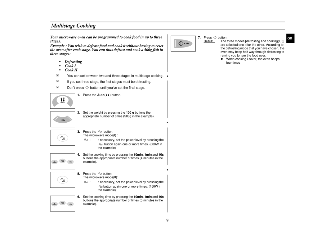 Samsung M1638N/SAM manual Multistage Cooking, Example Press button 