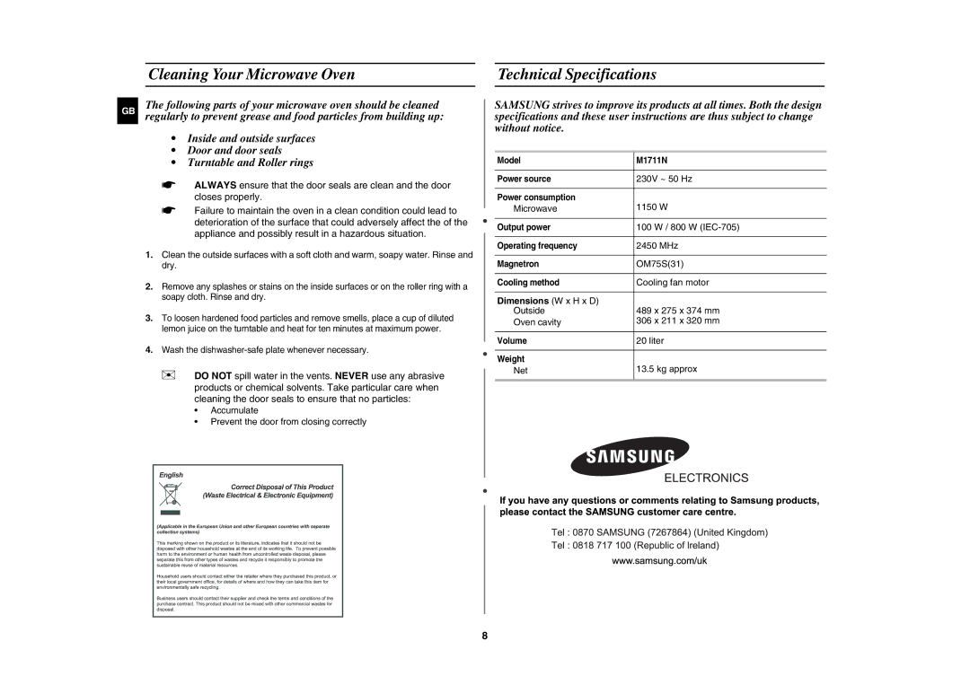 Samsung M1711N/BOL, M1711N/GEN, M1711N/ERP manual Cleaning Your Microwave Oven Technical Specifications, Dimensions W x H x D 