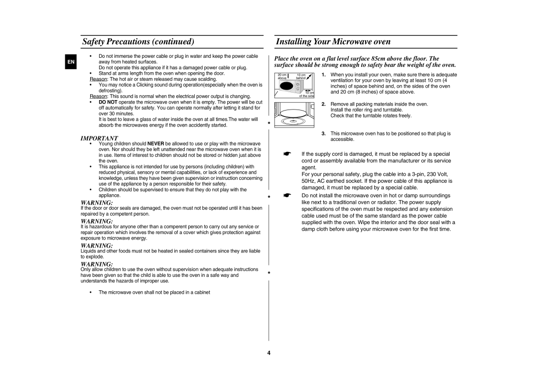 Samsung M1711N/XEH, M1711N/XEO manual Installing Your Microwave oven, Ventilation for your oven by leaving at least 10 cm 