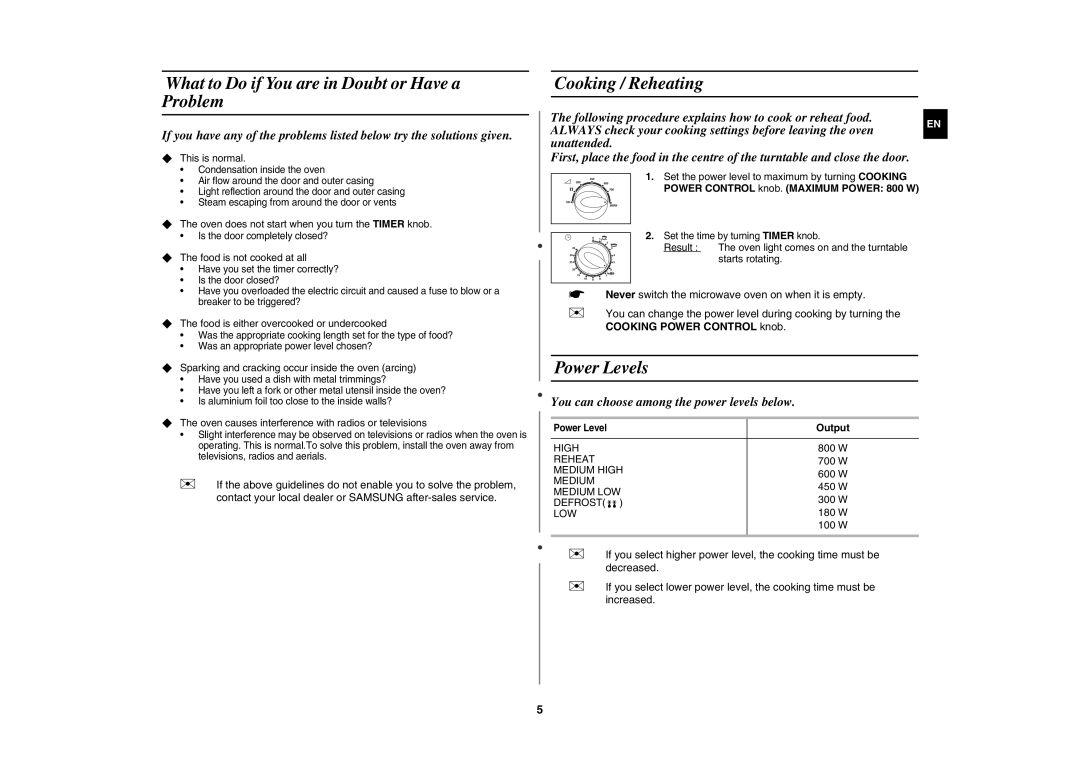 Samsung M1711N/XEO, M1711N/XEH What to Do if You are in Doubt or Have a Problem, Cooking / Reheating, Power Levels, Output 