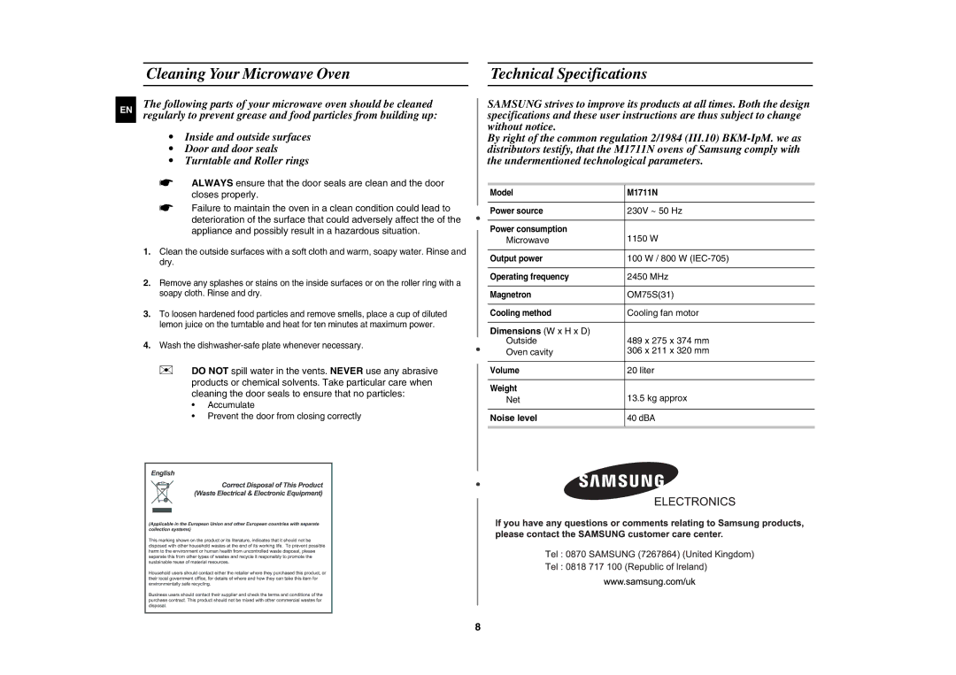 Samsung M1711N/XEH, M1711N/XEO Cleaning Your Microwave Oven, Technical Specifications, Dimensions W x H x D, Noise level 