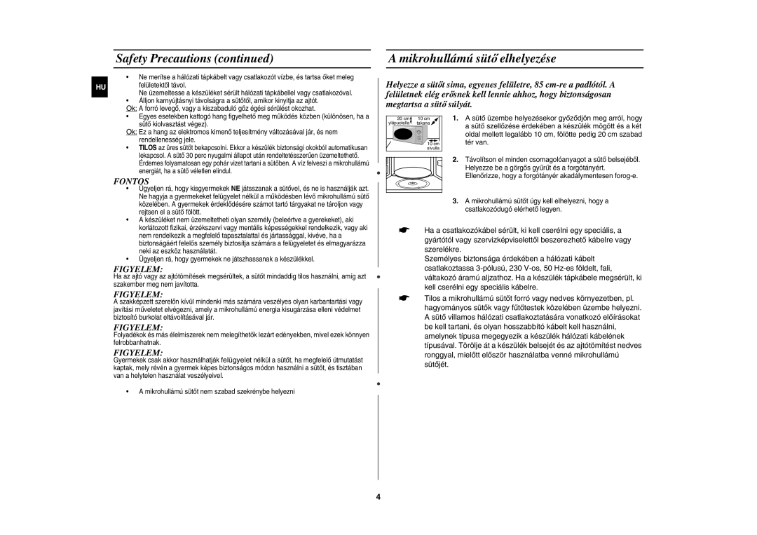 Samsung M1711N/XEH, M1711N/XEO manual Safety Precautions, Mikrohullámú sütő elhelyezése 