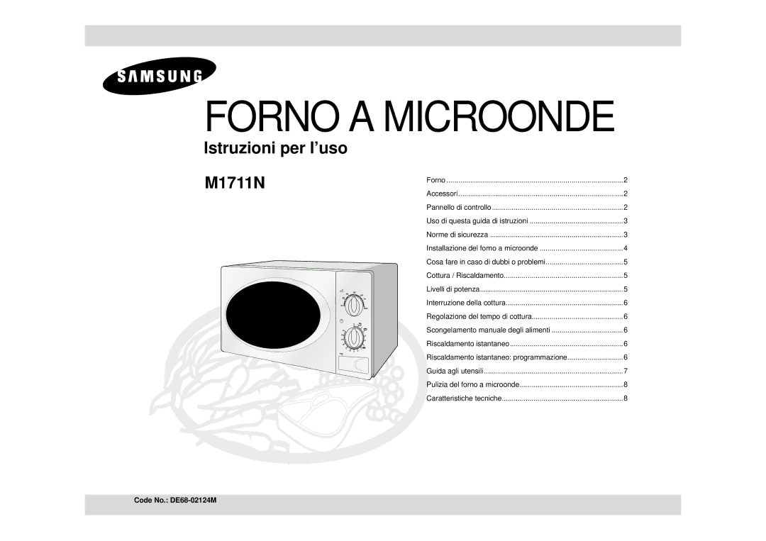 Samsung M1711N/XET manual Forno a Microonde, Code No. DE68-02124M 