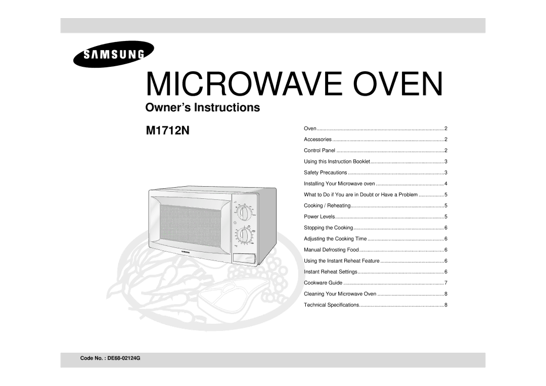 Samsung M1712N/GEN, M1712N/LIB, M1712N/XEH manual Microwave Oven, Code No. DE68-02124G 