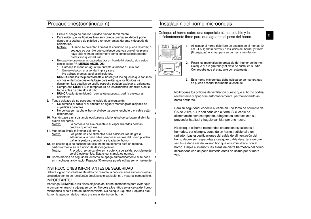 Samsung M1712N/XEC manual Precaucionescontinuación Instalación del horno microondas, Consejos de Primeros Auxilios 