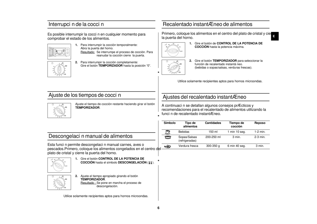 Samsung M1712N/XEC Interrupción de la cocción, Ajuste de los tiempos de cocción, Descongelación manual de alimentos 