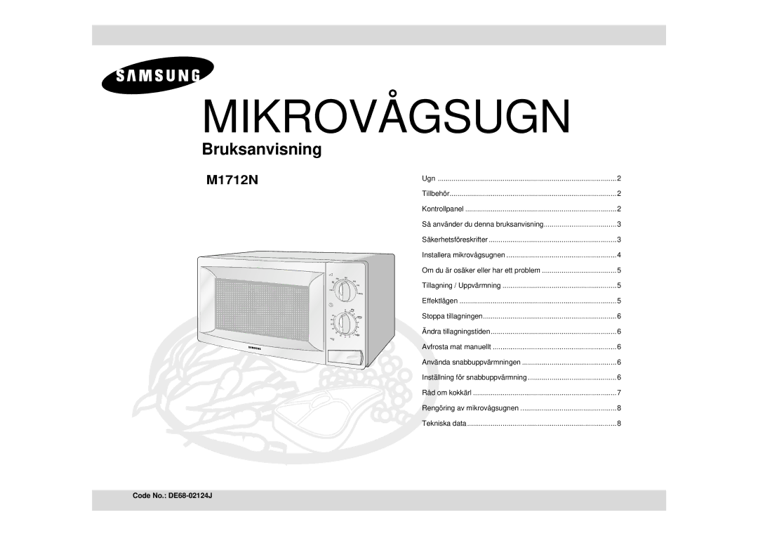 Samsung M1712N-C/XEG, M1712N/XEG, M1712N/XEE, M1712N-S/XEE manual Mikrovågsugn, Code No. DE68-02124J 