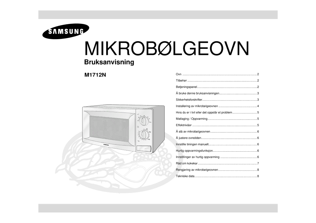 Samsung M1712N/XEE, M1712N/XEG, M1712N-C/XEG, M1712N-S/XEE manual Mikrobølgeovn 