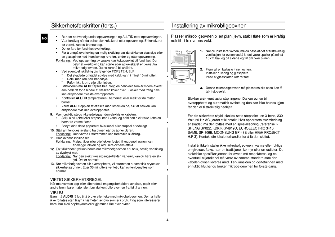 Samsung M1712N-C/XEG, M1712N/XEG manual Sikkerhetsforskrifter forts, Installering av mikrobølgeovnen, Viktig Sikkerhetsregel 