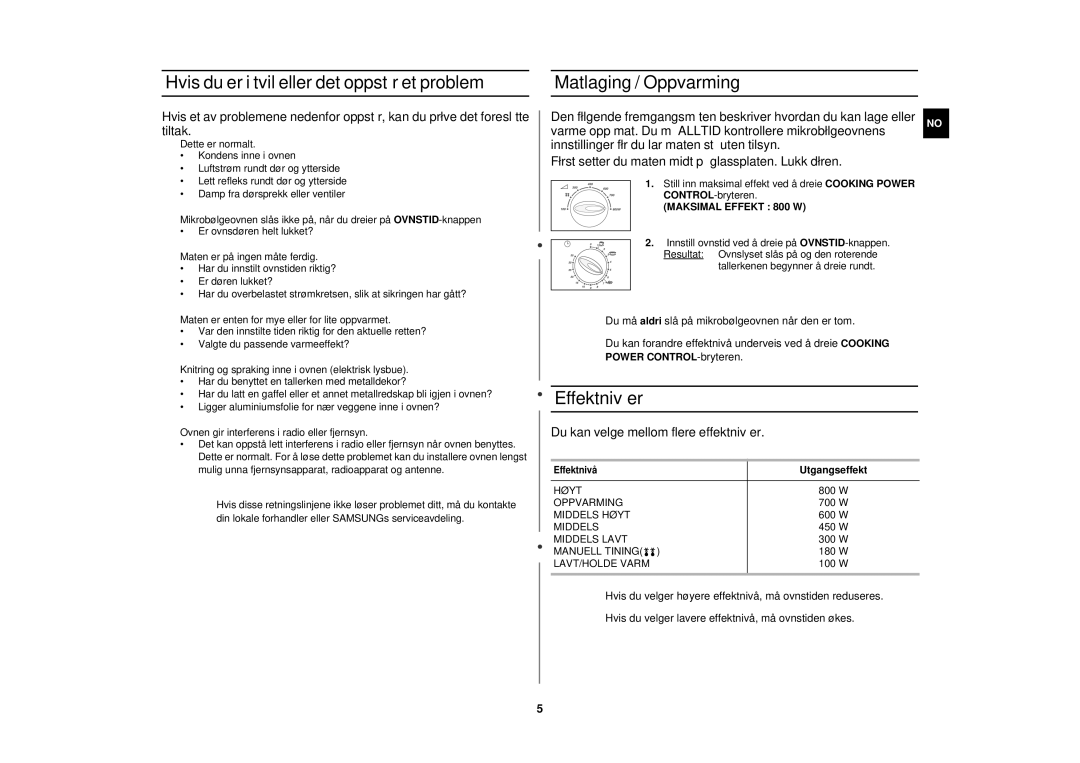 Samsung M1712N/XEE, M1712N/XEG manual Hvis du er i tvil eller det oppstår et problem, Matlaging / Oppvarming, Effektnivåer 