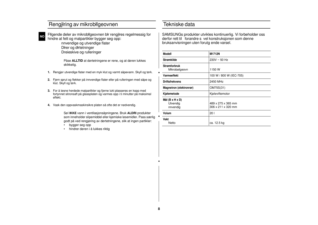 Samsung M1712N-C/XEG, M1712N/XEG, M1712N/XEE, M1712N-S/XEE manual Rengjøring av mikrobølgeovnen, Tekniske data 