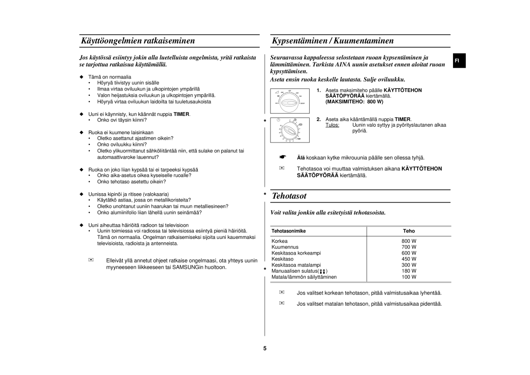 Samsung M1712N-S/XEE manual Käyttöongelmien ratkaiseminen, Kypsentäminen / Kuumentaminen, Tehotasot, Maksimiteho 800 W 