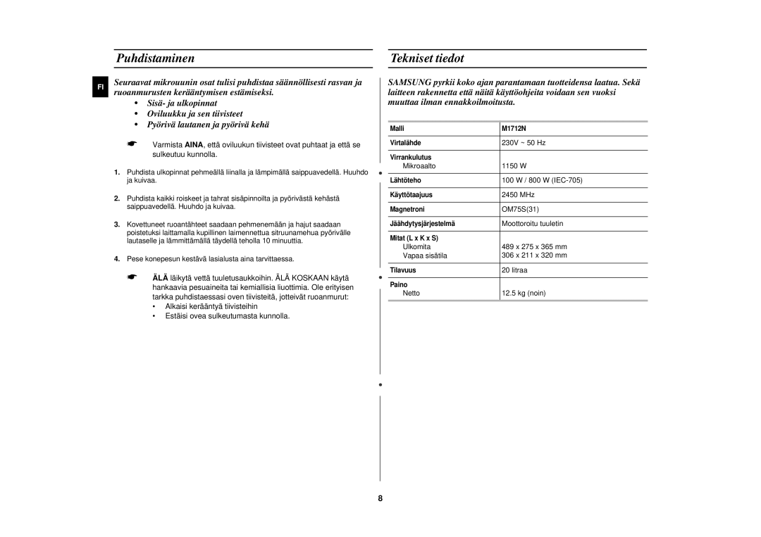 Samsung M1712N/XEE, M1712N/XEG, M1712N-C/XEG, M1712N-S/XEE manual Puhdistaminen, Tekniset tiedot 