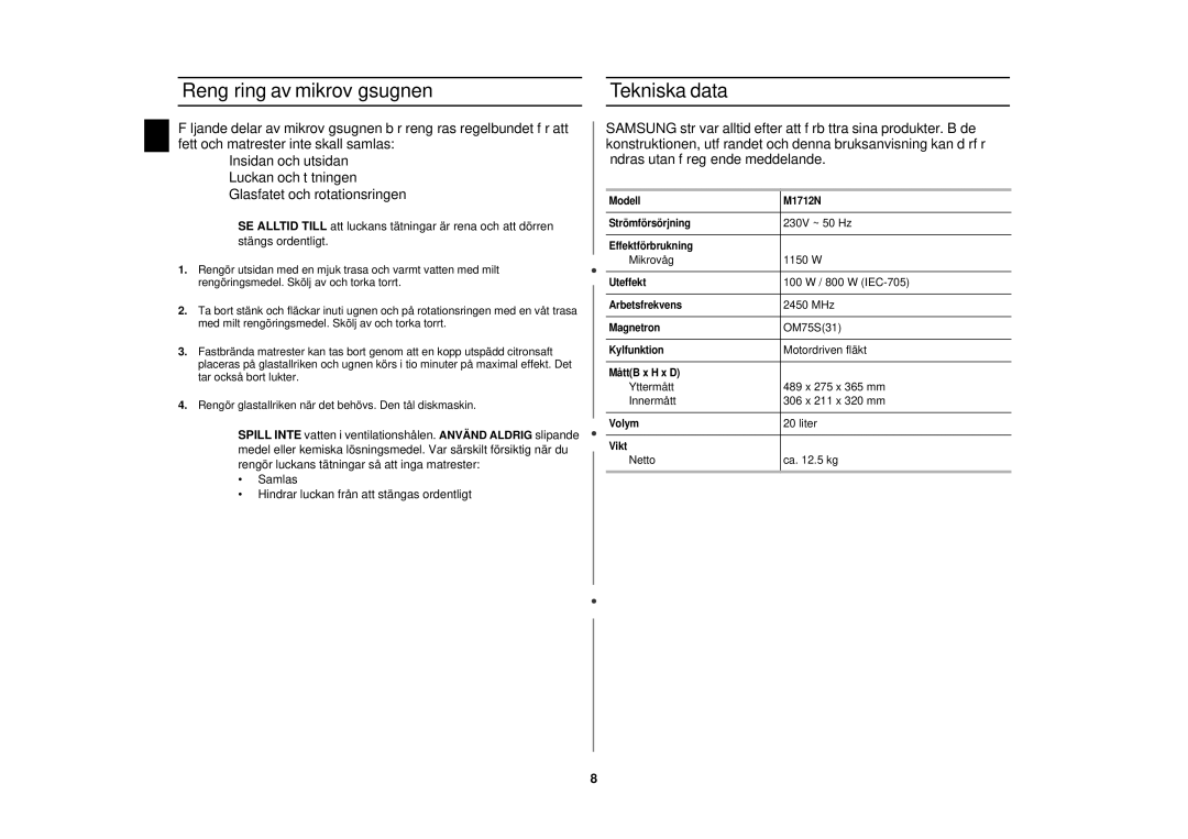 Samsung M1712N/XEG, M1712N-C/XEG, M1712N/XEE, M1712N-S/XEE manual Rengöring av mikrovågsugnen, Tekniska data 