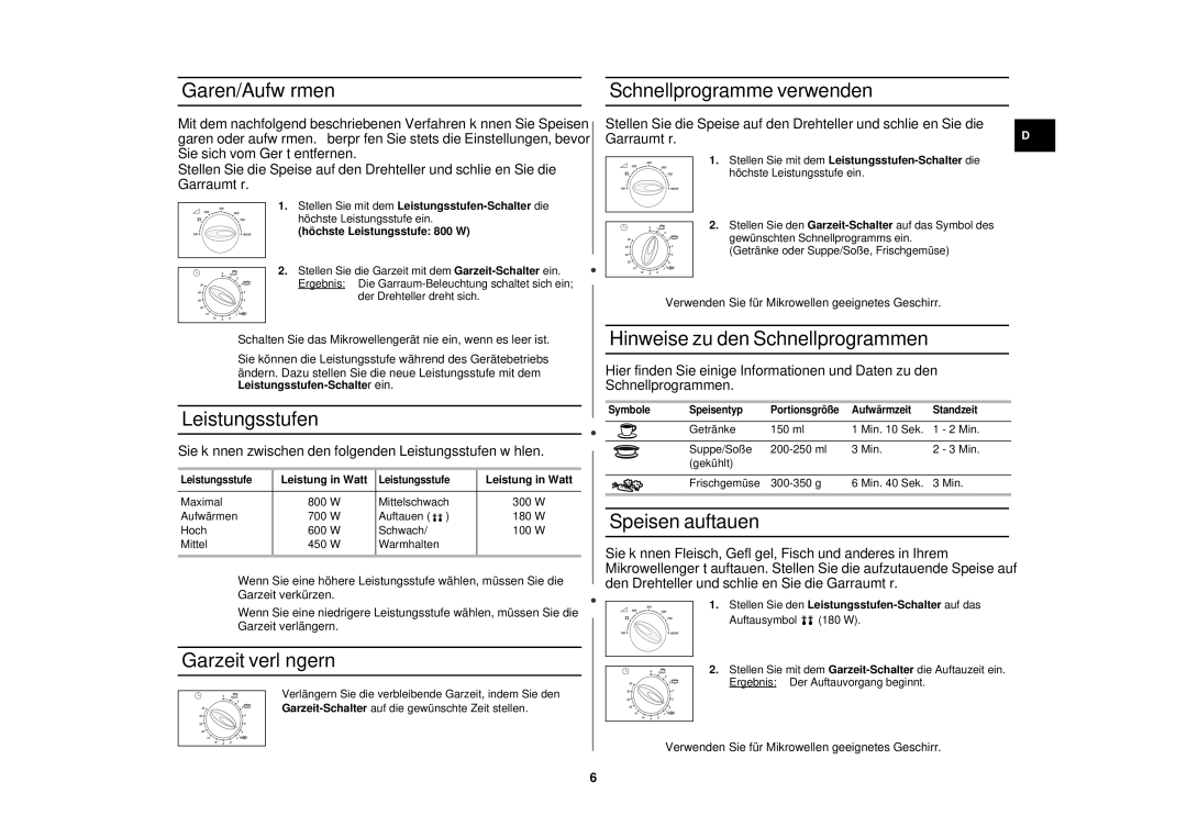 Samsung M1712N/XEG Garen/Aufwärmen, Leistungsstufen, Garzeit verlängern, Schnellprogramme verwenden, Speisen auftauen 