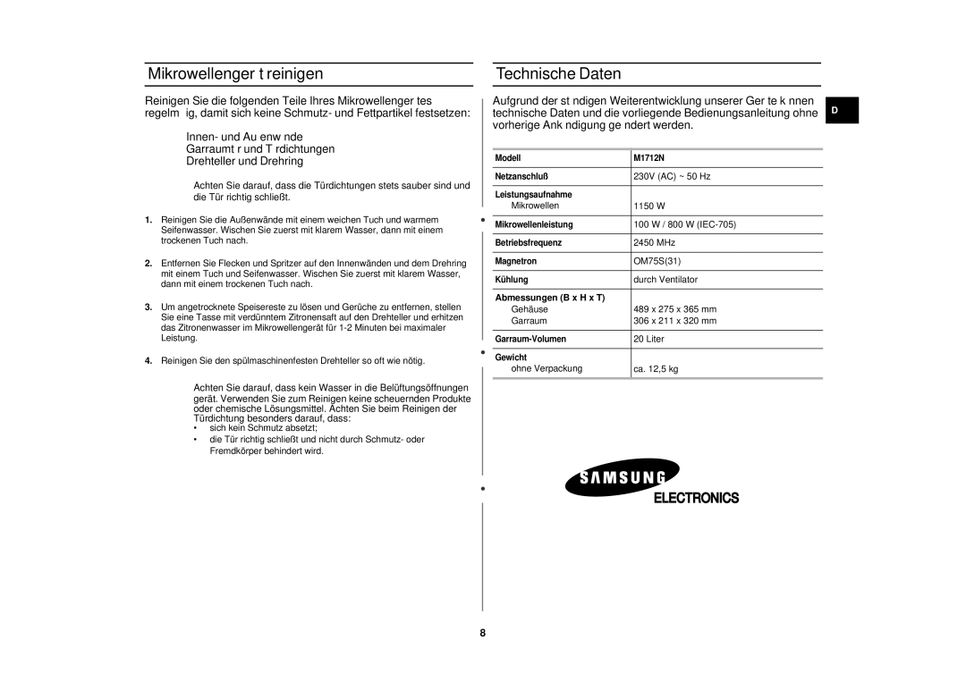 Samsung M1712N/XEE, M1712N/XEG, M1712N-C/XEG manual Mikrowellengerät reinigen, Technische Daten, Abmessungen B x H x T 