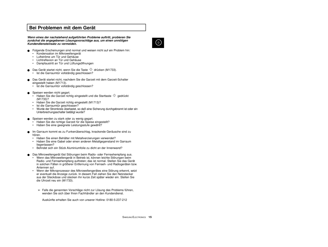 Samsung M1713-M/XEG, M1713-B/XEG, M1713-V/XEG, M1713/XEG manual Bei Problemen mit dem Gerät, Kundendiensteinsatz zu vermeiden 