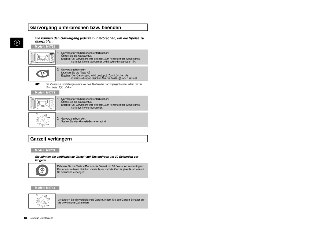 Samsung M1713/XEG, M1713-M/XEG, M1713-B/XEG, M1713-V/XEG, M1733/XEG Garvorgang unterbrechen bzw. beenden, Garzeit verlängern 