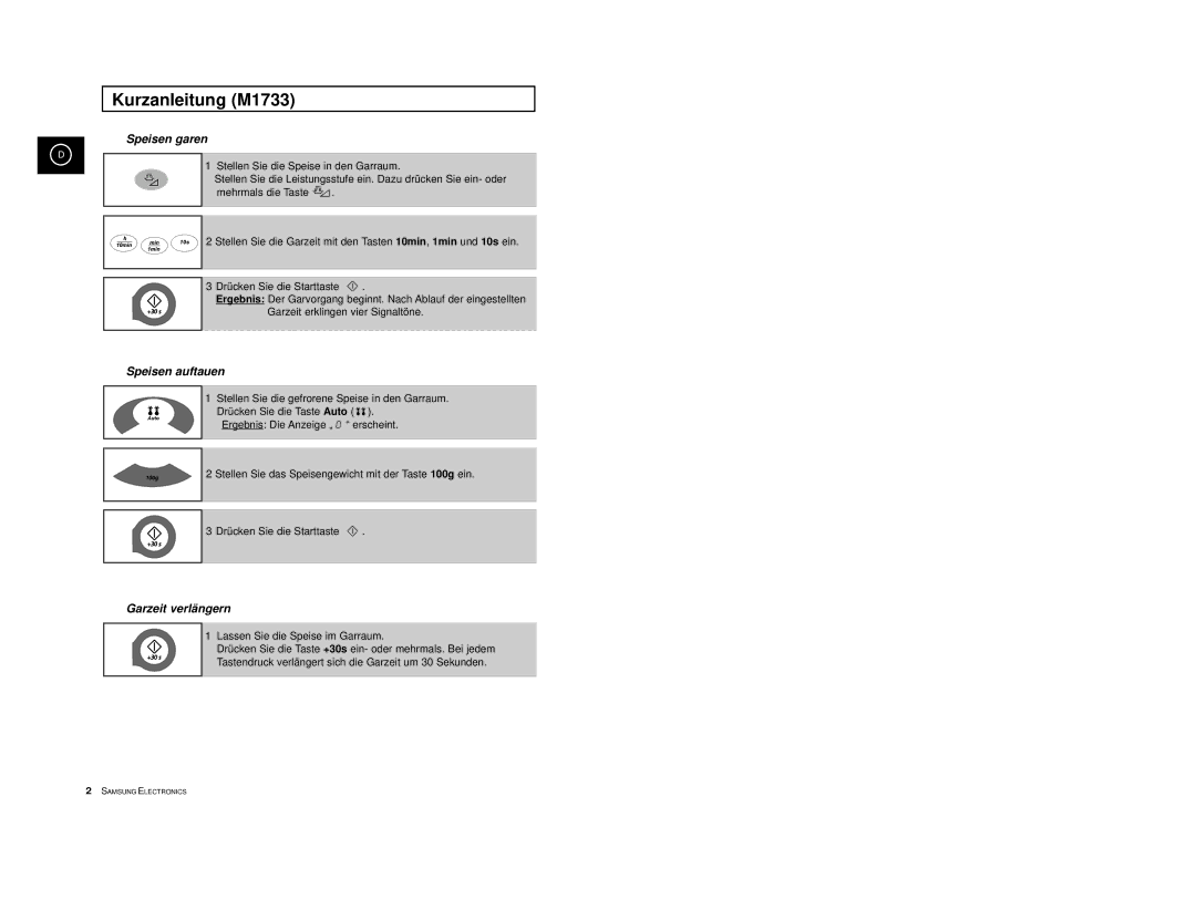 Samsung M1713-V/XEG, M1713-M/XEG, M1713-B/XEG, M1713/XEG, M1733/XEG manual Kurzanleitung M1733, Speisen garen 