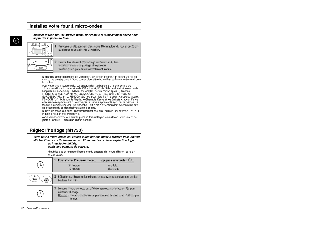 Samsung M1713-A/XEF, M1713A-XM/XEF, M1713/XEF, M1713-V/XEF manual Installez votre four à micro-ondes, Réglez l’horloge M1733 