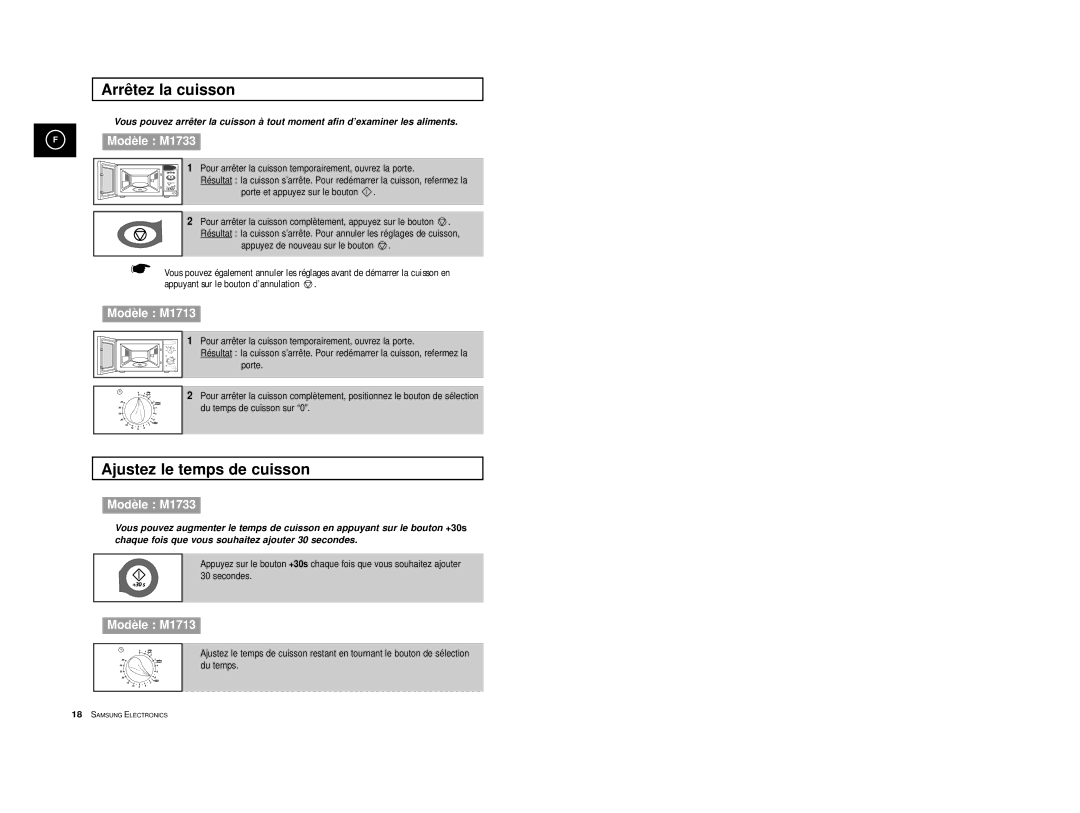 Samsung M1713-X/XEF, M1713A-XM/XEF, M1713/XEF, M1713-V/XEF, M1713-XM/XEF manual Arrêtez la cuisson, Ajustez le temps de cuisson 