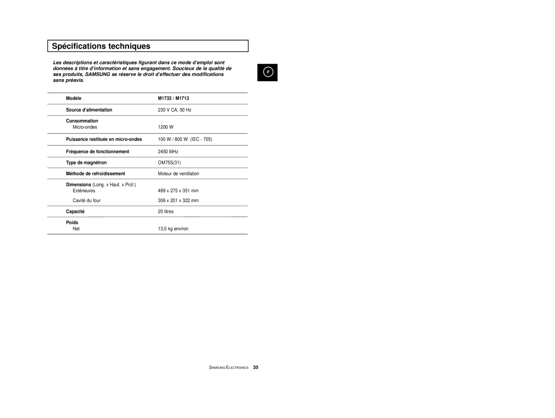 Samsung M1713A-XM/XEF, M1713/XEF, M1713-V/XEF, M1713-XM/XEF, M1713-X/XEF, M1713-A/XEF, M1713-M/XEF Spécifications techniques 