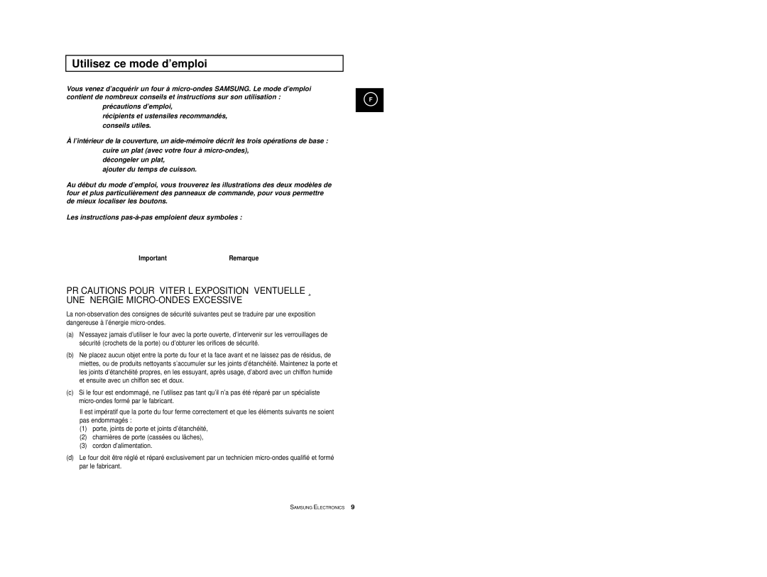 Samsung M1713-V/XEF, M1713A-XM/XEF, M1713/XEF, M1713-XM/XEF, M1713-X/XEF manual Utilisez ce mode d’emploi, ImportantRemarque 