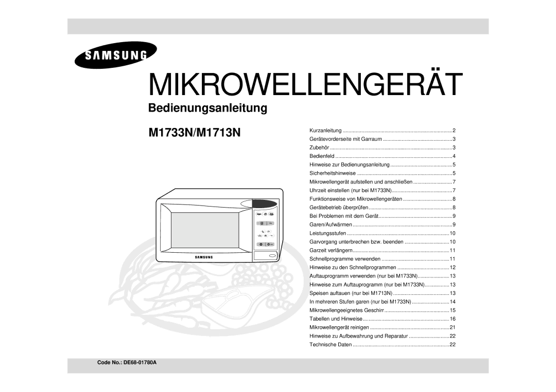 Samsung M1713N/XEG, M1713N-B/XEG, M1713N/XET manual Mikrowellengerät, Code No. DE68-01780A 