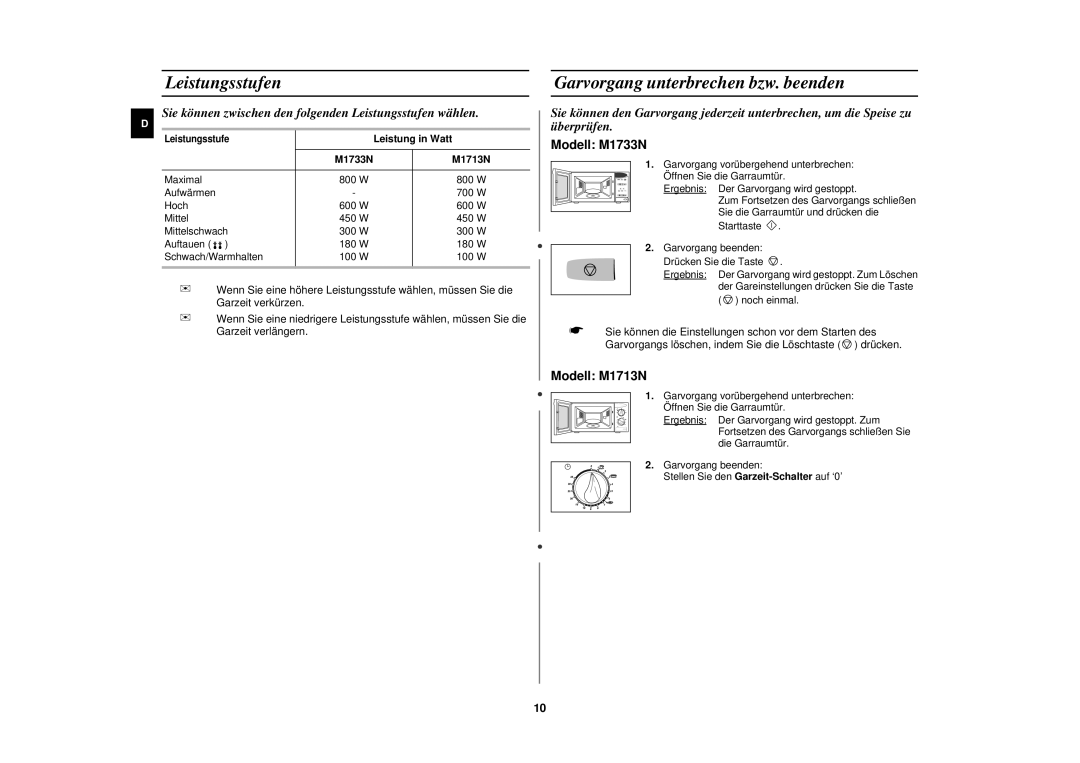 Samsung M1713N/XEG, M1713N-B/XEG, M1713N/XET manual Leistungsstufen, Garvorgang unterbrechen bzw. beenden, Leistung in Watt 