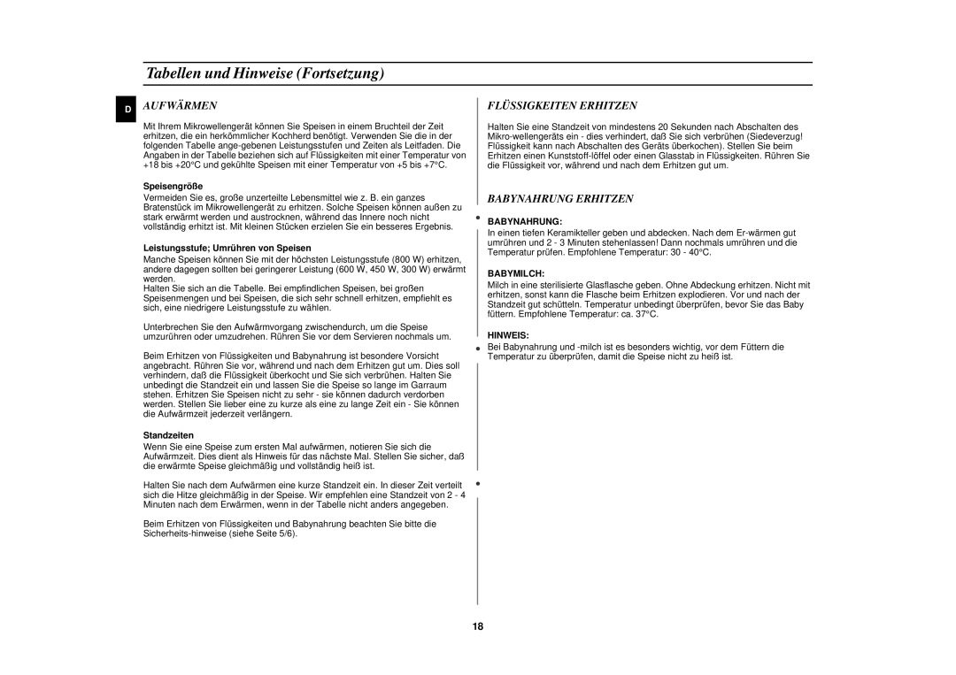 Samsung M1713N-B/XEG, M1713N/XEG, M1713N/XET manual Aufwärmen, Flüssigkeiten Erhitzen, Babynahrung Erhitzen, Speisengröße 