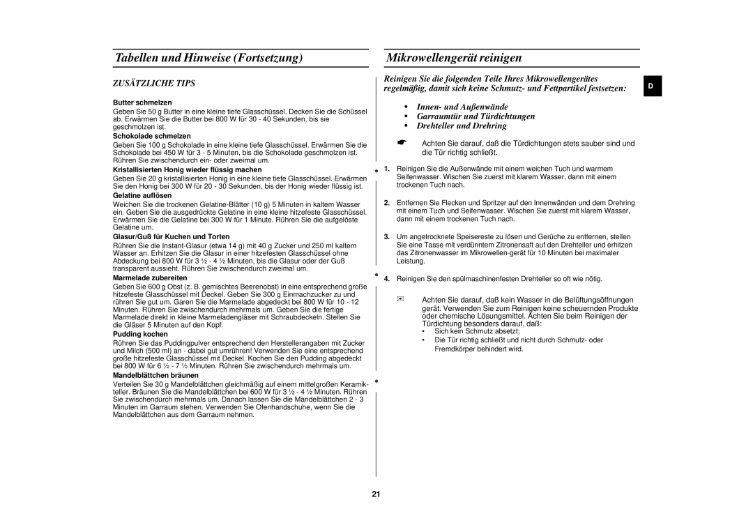 Samsung M1713N-B/XEG, M1713N/XEG, M1713N/XET manual Mikrowellengerät reinigen, Zusätzliche Tips 