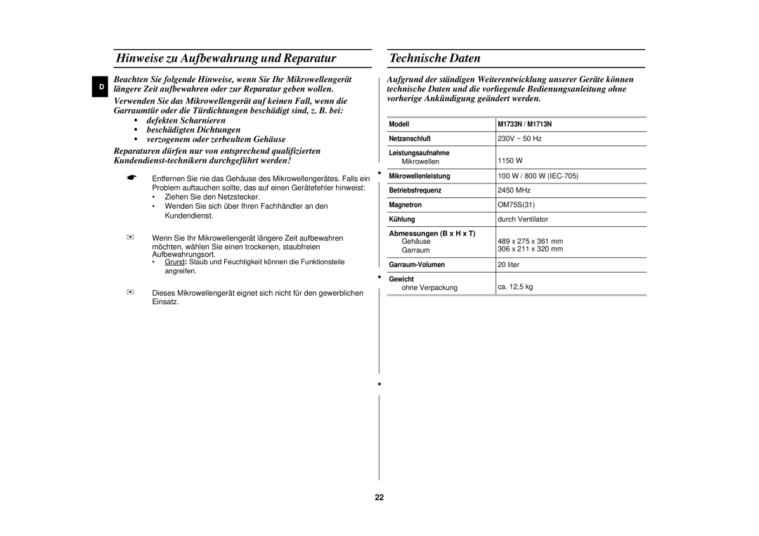 Samsung M1713N/XEG, M1713N-B/XEG manual Hinweise zu Aufbewahrung und Reparatur, Technische Daten, Abmessungen B x H x T 