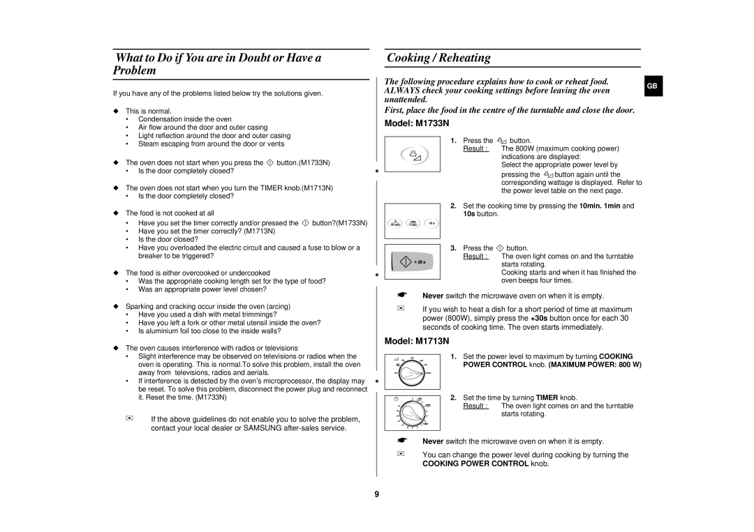 Samsung M1713N-B/XEG, M1713N/XEG, M1713N/XET manual What to Do if You are in Doubt or Have a Problem, Cooking / Reheating 