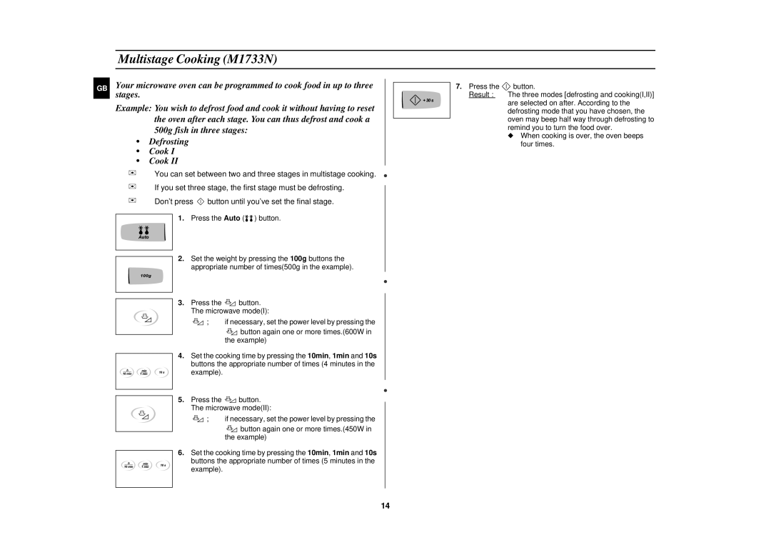 Samsung M1713N/XET, M1713N-B/XEG, M1713N/XEG manual Multistage Cooking M1733N, 500g fish in three stages Defrosting Cook 