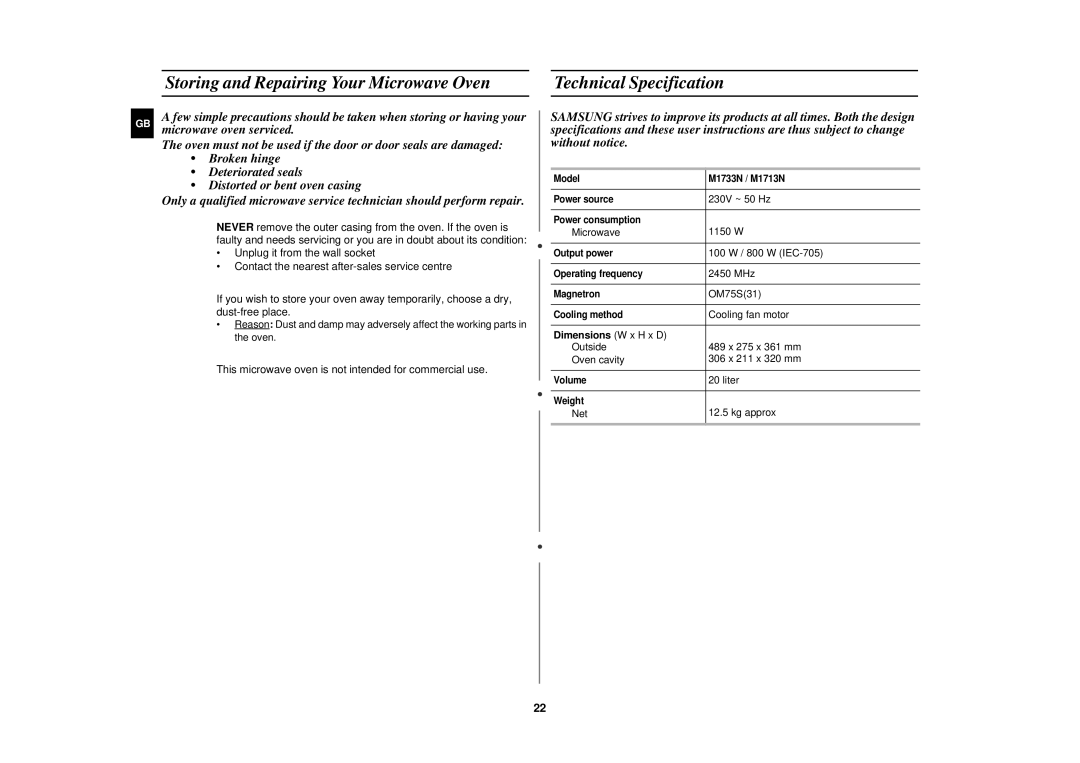 Samsung M1713N/XEG, M1713N-B/XEG Storing and Repairing Your Microwave Oven, Technical Specification, Dimensions W x H x D 