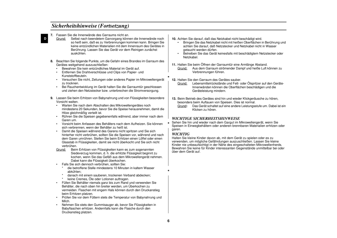 Samsung M1713N-B/XEG, M1713N/XEG, M1713N/XET manual Sicherheitshinweise Fortsetzung, Wichtige Sicherheitshinweise 