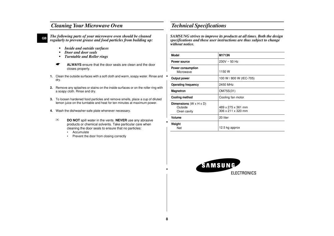 Samsung M1713N/LIB, M1713N/XEH manual Cleaning Your Microwave Oven Technical Specifications, Dimensions W x H x D 