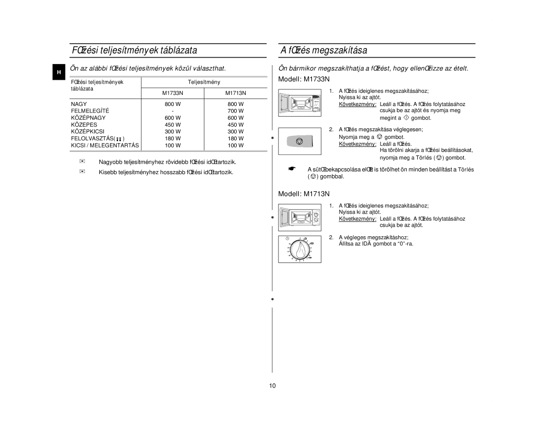 Samsung M1713N/LIB, M1713N/XEH manual FŒzési teljesítmények táblázata, FŒzés megszakítása, Teljesítmény 