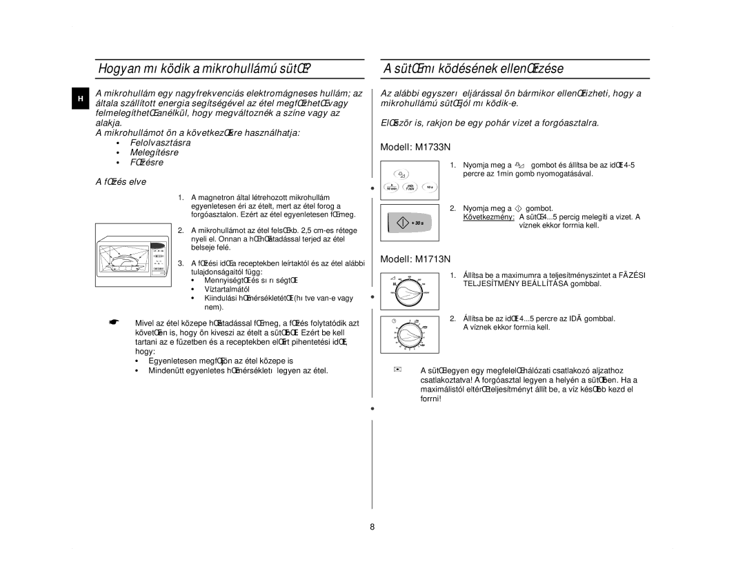 Samsung M1713N/LIB, M1713N/XEH manual Hogyan mıködik a mikrohullámú sütŒ?, SütŒ mıködésének ellenŒrzése 