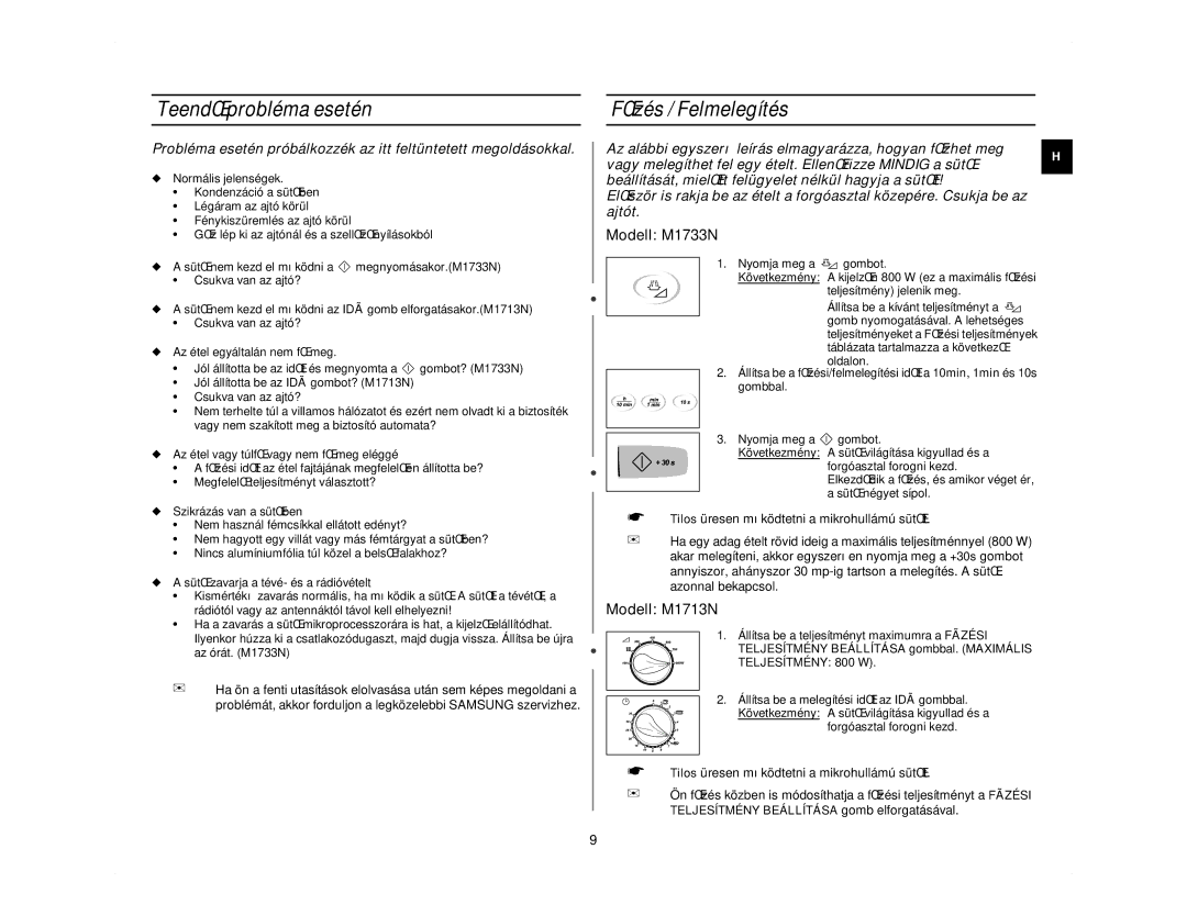 Samsung M1713N/XEH, M1713N/LIB manual TeendŒ probléma esetén, FŒzés / Felmelegítés, Teljesítmény 800 W 