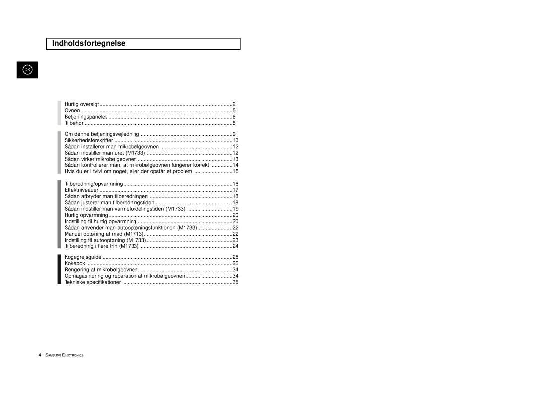 Samsung M1713/NSI, M1733/NSI manual Indholdsfortegnelse 