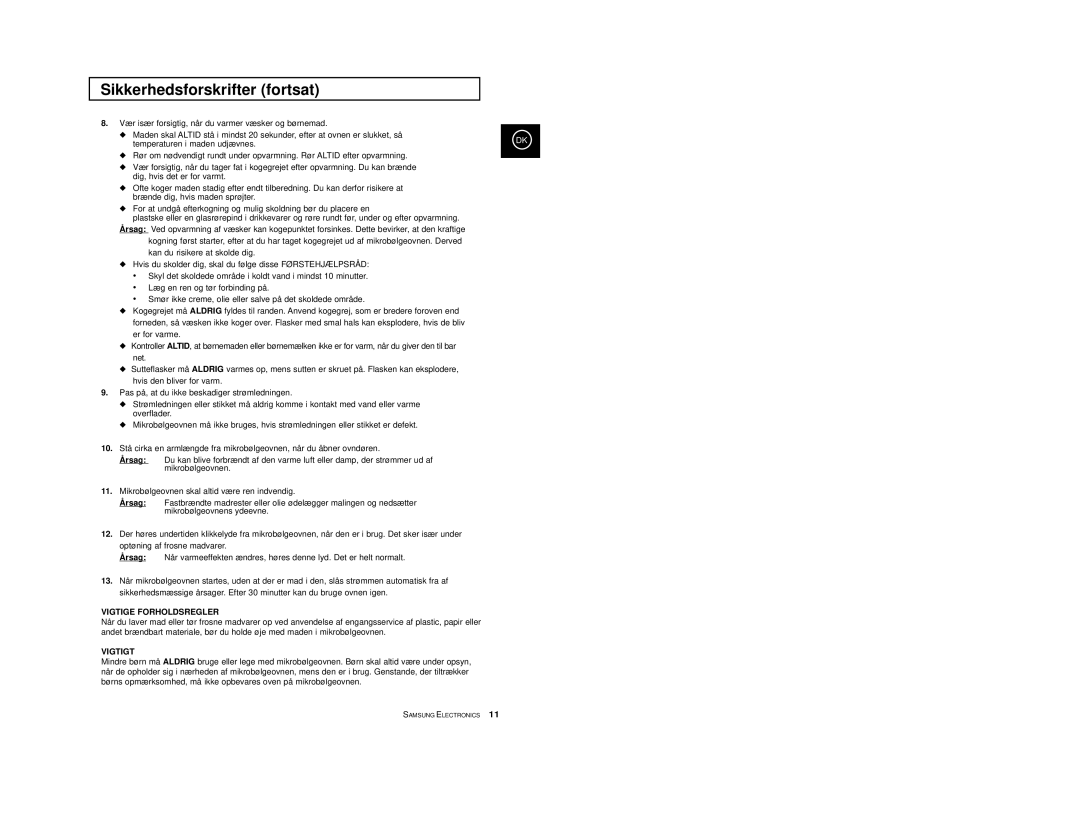 Samsung M1733/NSI, M1713/NSI manual Sikkerhedsforskrifter fortsat, Vigtige Forholdsregler 