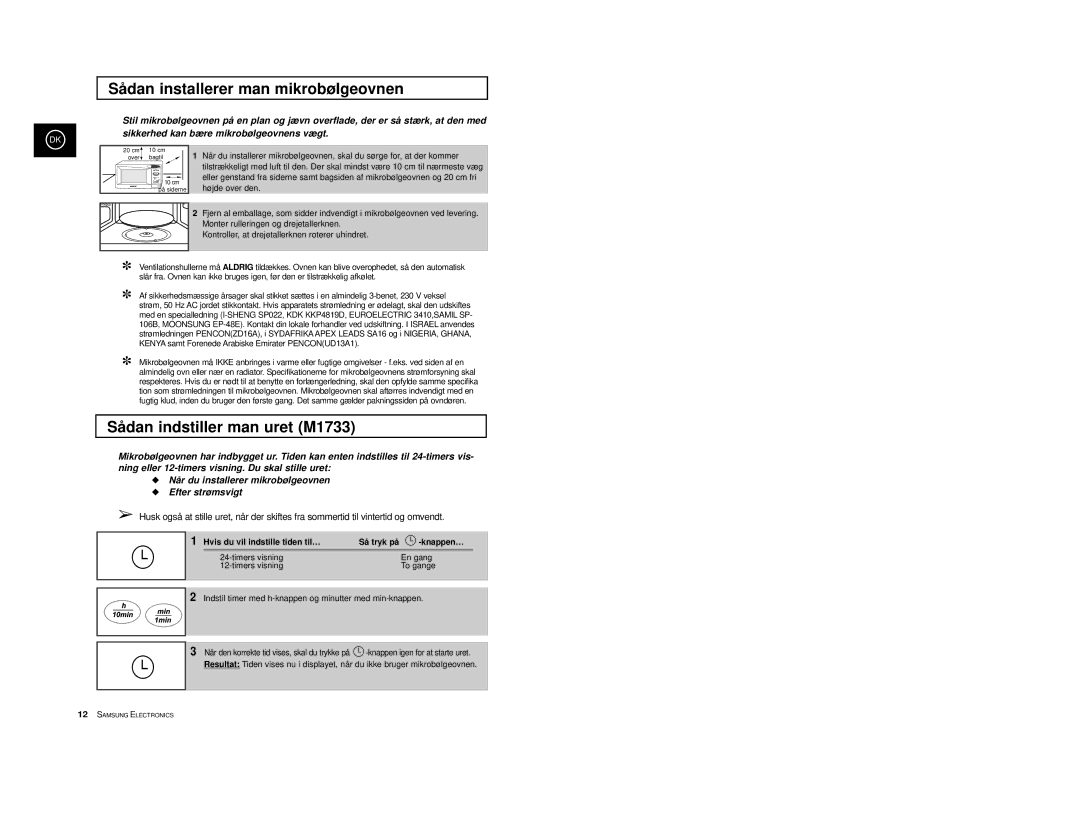 Samsung M1713/NSI, M1733/NSI manual Sådan installerer man mikrobølgeovnen, Sådan indstiller man uret M1733 