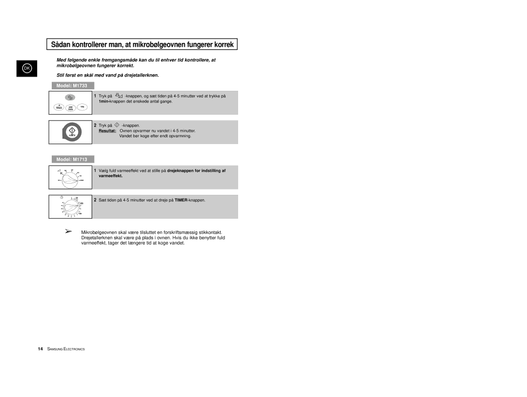 Samsung M1713/NSI, M1733/NSI manual Sådan kontrollerer man, at mikrobølgeovnen fungerer korrek, Model M1733 