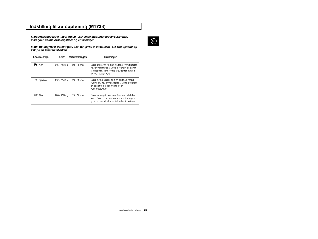 Samsung M1733/NSI, M1713/NSI manual Indstilling til autooptøning M1733, Kode Madtype, Anvisninger 