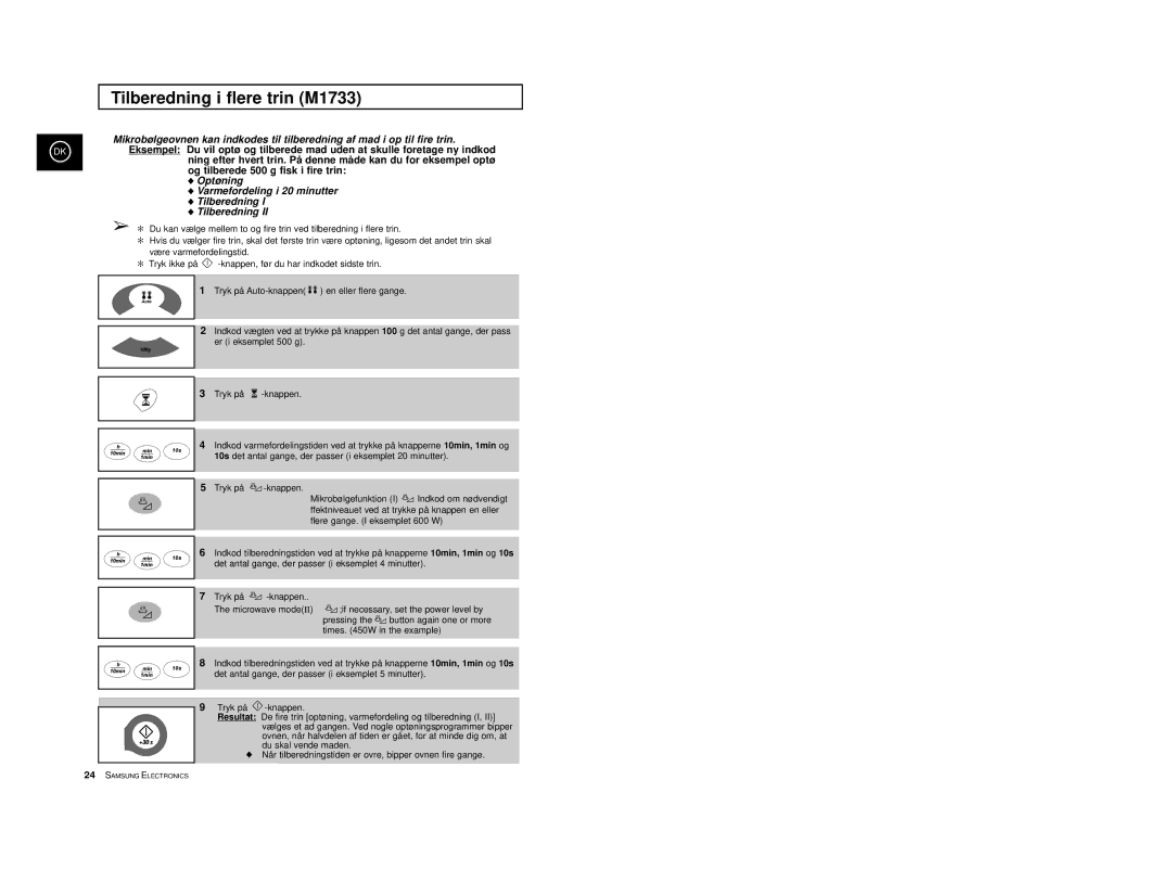 Samsung M1713/NSI, M1733/NSI manual Tilberedning i flere trin M1733, Optøning Varmefordeling i 20 minutter Tilberedning 