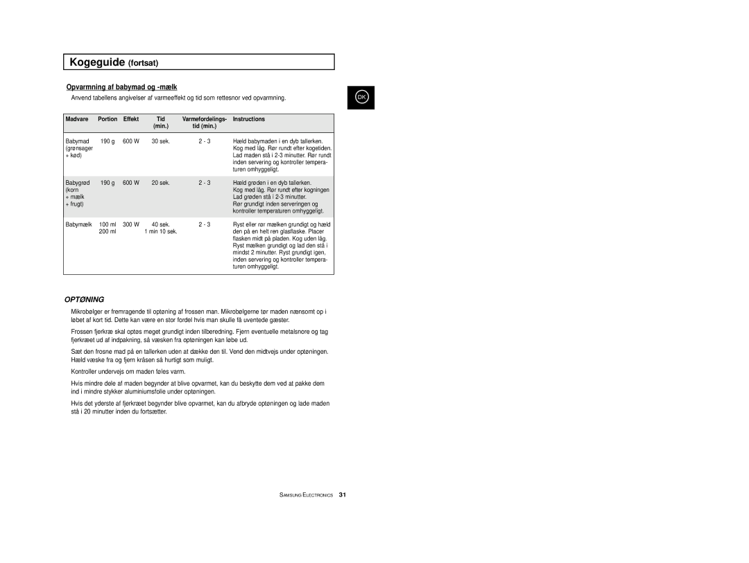 Samsung M1733/NSI, M1713/NSI manual Opvarmning af babymad og -mælk, Babymælk 