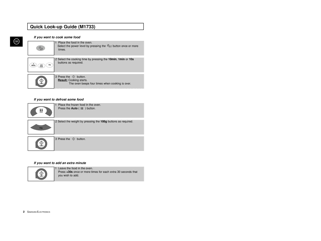 Samsung M1713/NSI, M1733/NSI Quick Look-up Guide M1733, If you want to cook some food, If you want to defrost some food 